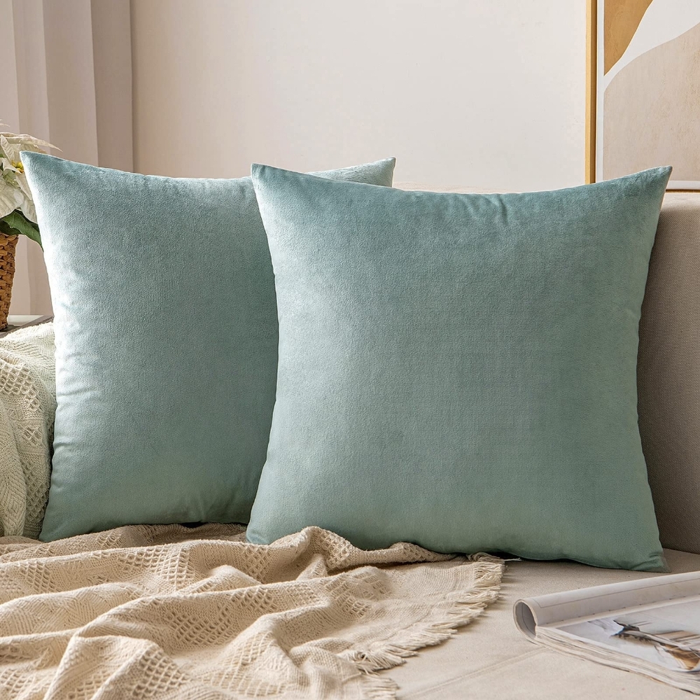 Set of 2 Velvet Decorative‎ Pillow Covers 18x18 Blue Grey